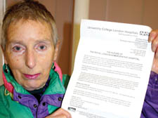 Margaret Leighton holds a copy of the letter from Peter Fisher 