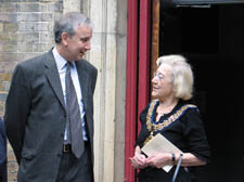 Robin Little with Mayor Dawn Somper outside Hampstead Parish Church
