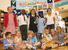 Belsize book worms... from back left: Gabrielle Tuffs, Emmanuel Osei-Yeboah, Phoebe Linane, �Hanna Osei-Yeboah and Oshia Rahmani, front left: Robert Rejna, Leah Cooke, Joshua Larkin, Mark Rejna, Mia Blackbourn and Carolina Fletcher at the Big Wild Read pa