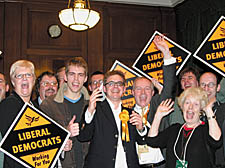 Ralph Scott, centre, celebrates with fellow Lib Dems. From left: Mayor Jill Fraser, Kentish Town councillor Phillip Thompson, leader Keith Moffitt and former leader Cllr Flick Rea