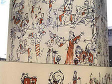A visualisation and detail of Quentin Blake's proposed 'wrap' for the building