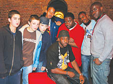 From left, students Philippe Frowen, Nick Wills, Joe Sakoisky and Kyle Thorne, event manager Chasney Maturine, DJ Big Ted, technician Amede Unuabona and Blak Twang (centre)