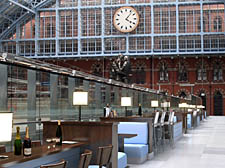 St Pancras looking up at the clock from Champagne bar