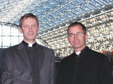 Fr Bruno, left, and Fr Nick at St Pancras International.