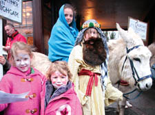 Ella Harris- Hogarth (9) as Joseph and Sian Donovan (10) as Mary with Rocky the donkey (who starred in TV show A History Of Britain) and, front, Miriam (6) and Hannah Mayer (4).