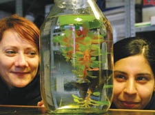 Forensics investigators Michelle Kopitzke and Roshni Ramdahwa at Kentish Town police with Vulcan the fish