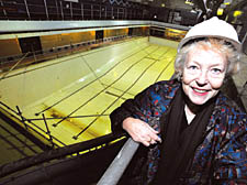 Councillor Flick Rea, standing over the Willes pool, says using the baths will be 'like swimming in St Pancras station' when its facilities are revamped 