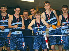 The Magnificent Seven of St Pancras Amateur Boxing Club: (from left) Richard MacAulay, Alan Higgins, top coach Ray Ball, Mourad Boudjemaa (back), Charlie Worley, Charlie Webb and Ricky Redhead