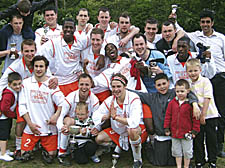 Victory celebration: a jubilant Cobden Athletic squad after their sensational comeback win on Sunday