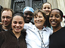 Programme co-ordinator Steve Medlin with WAC founder Celia Greenwood (third from right) with third-year students Samantha Webber, Natalie Bailey, Anna Goodwin and Maia Thompson