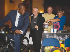 Such a smoothie: Frank rides a bike to generate enough power to blend a fruit drink