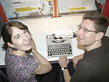 Daring Pairing festival manager Corinne Salisbury and Neil Crutchfield with the typewriter at Hampstead Theatre