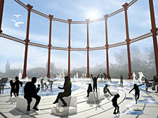 An artist&rsquo;s impression of the King&rsquo;s Cross gas holder water feature