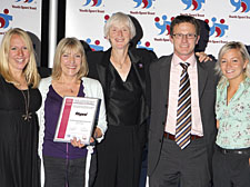 Jackie Charlton and Ian Warren from the Camden School Sport Partnership receiving their award from Olympian Gail Emms; Baroness Campbell, chair of Youth Sport Trust and Hayley Cottan, business manager of Fitpro