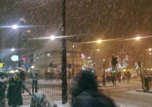 Snow falls in Camden Town