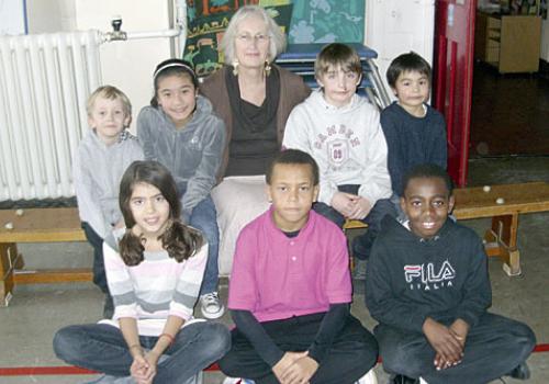 Head Mary Gibson with Yerbury Primary schoolchildren