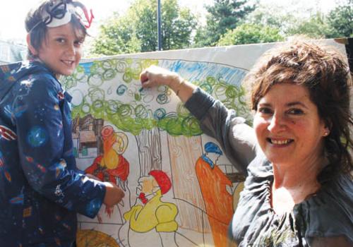 Isabel Langtry, from Hampstead School of Art, with nine-year-old Kyle Harvey