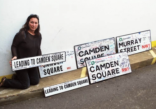 Councillor Sue Vincent with signs from close to Amy Winehouse’s home