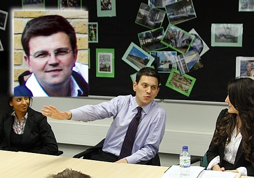 Former pupil David Miliband at Haverstock. Inset: Andrew Baisley