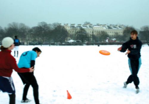 University College of London’s frisbee team make the most of the cold conditions