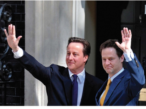 David Cameron and Nick Clegg pictured on the doorstep of No 10 