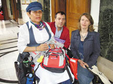 Resident Anne Pauley with wheelchair user Sonia Avila and licensee Alberto Romanelli