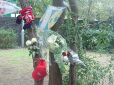 Flowers along with an Arsenal FC scarf and hat, placed at the scene of the death