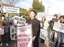 Pauline Campbell leads the protest outside Holloway prison