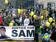 Friends and family of Sam Hallam campaigning at the Criminal Cases Review Commission in Birmingham on Wednesday