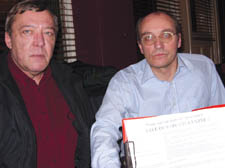 Ian Shacklock and supporter Malcolm Strangwick collect signatures at The George pub, in Holloway  