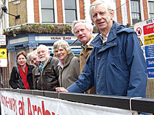 ‘No one-way at Archway – end Archway’s traffic madness’: from left, Cllr Ursula Woolley, campaigners Alan Perry, Norman Beddington, councillors Janet Burgess, Wally Burgess and Stefan Kaspryzk