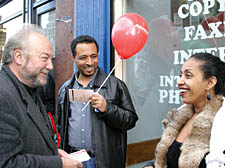 George Galloway chats to a passer-by in Blackstock Road