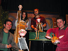 Artistic director Peter Glanville, puppet makers Julia Gelin and David Duffy, and director Peter O&rsquo;Rourke; left: a scene from Sleeping Beauty
