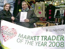 Trader Jeff Heller with Councillor Lucy Watt at his Chapel Market stall 