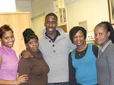 Dwain Chambers with trainee social workers, from left, Vanessa, Marlene, Zanele and Namine