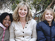 Headteacher Mandy Reese with pupils Tara McKenzie and Oliver Brown