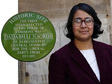 Islington councillor Marisha Ray and the plaque commemorating Naoroji
