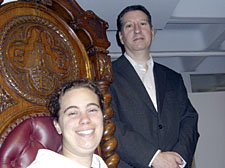 Mark Aston with Cllr Ruth Polling, seated in a 19th-century judge’s chair in the exhibition, taken from the old Clerkenwell County Court