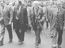 Yorkshire Miners general secretary Owen Briscoe, Arthur Scargill, Michael Foot and Yorkshire Miners official Phil Horbury march in 1971