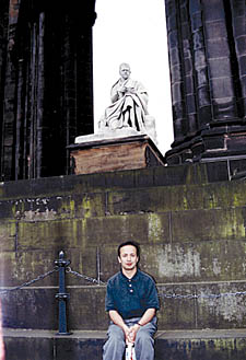 At the Scott Monument in Edinburgh on his travels 