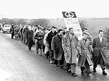 The march to a nuclear missile base being built in Swaffham, Norfolk. In front with Scott are Michael Renale and April Carter, both later jailed for cicil disobediance