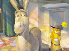 Donkey, voiced by Eddie Murphy, and Puss in Boots, with Antonio Banderas