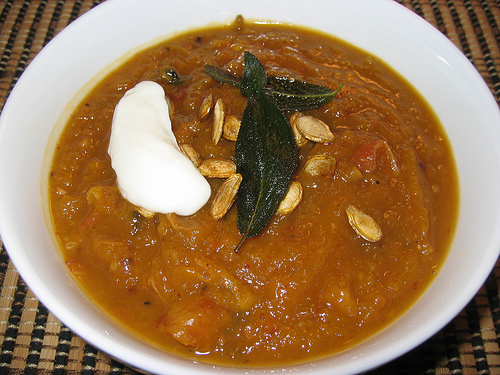 Chilli roasted &shy;butternut squash soup with prawns