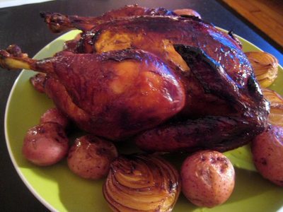 Roast chicken with black pudding stuffing and bread sauce