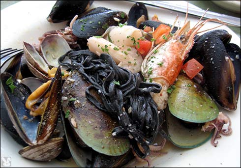 Squid ink spaghetti with seafood