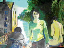 Lesley Stevas's painting of Fanya standing on a bridge in Cambridge
