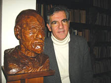 Michael Arditti by the statue of Freud at the museum in Maresfield Gardens