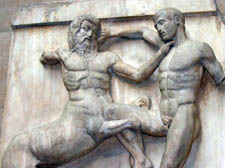 Metope from the Parthenon marbles depicting a centaur and  a lapith  fighting