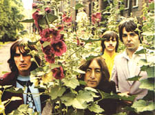 The band peeking above the hollyhocks with St Pancras Hospital in the background