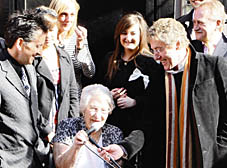 Roger Daltrey gives the mic to Moon’s mum, pictured with Kit Moon and DJ Mike Reid at the ceremony which was mobbed by Mods on scooters